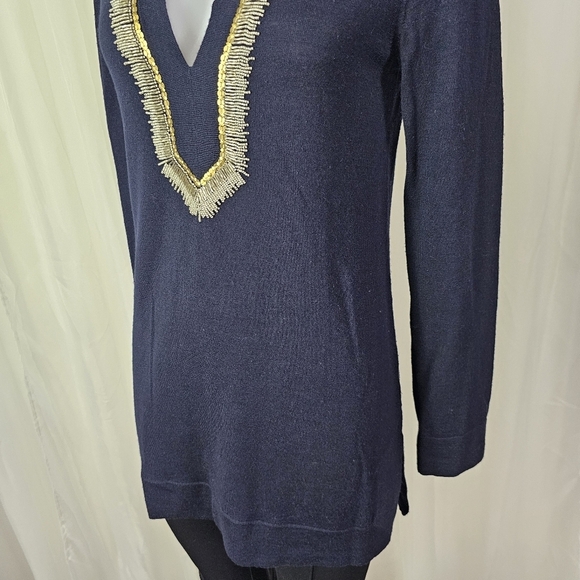 Tory Burch deep navy blue Merino Wool Plunge Neckline Sweater tunic sequin bead - Picture 3 of 9